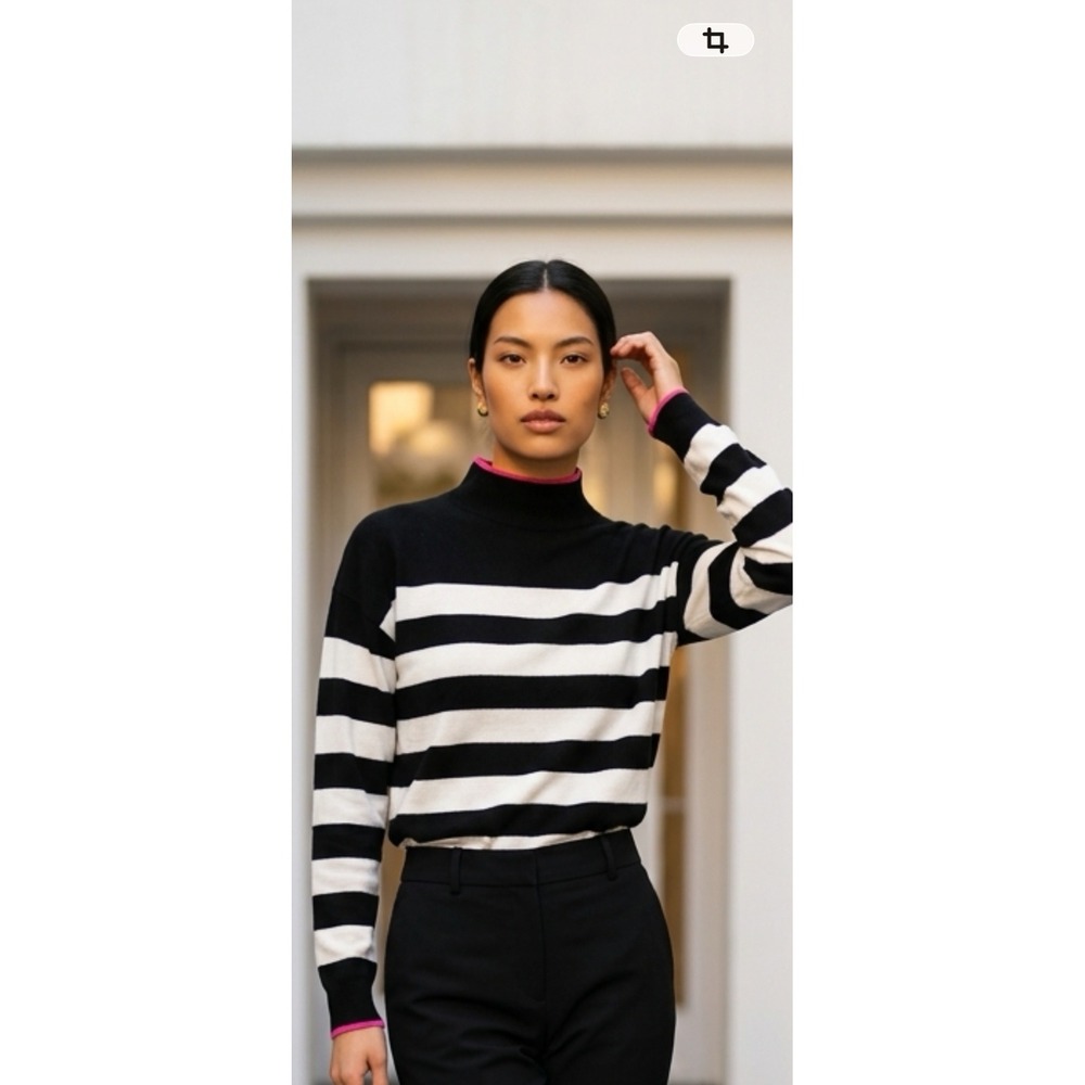 Carolyn Taylor Women Black White Striped Mock Neck Sweater Pink Trim XL RN92054